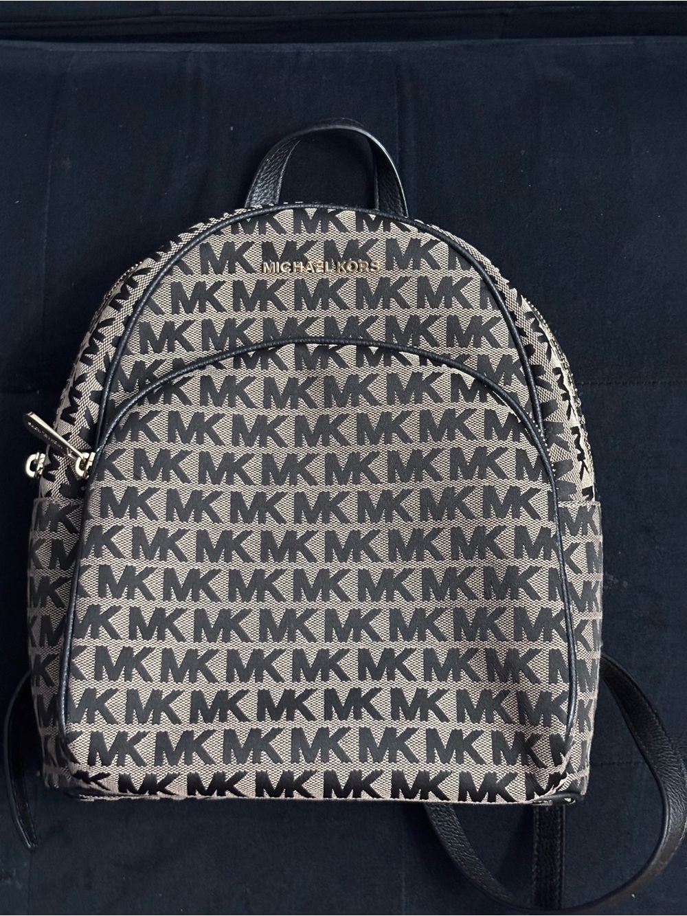 Michael Kors Black MK Logo Mini Backpack with Beige Canvas